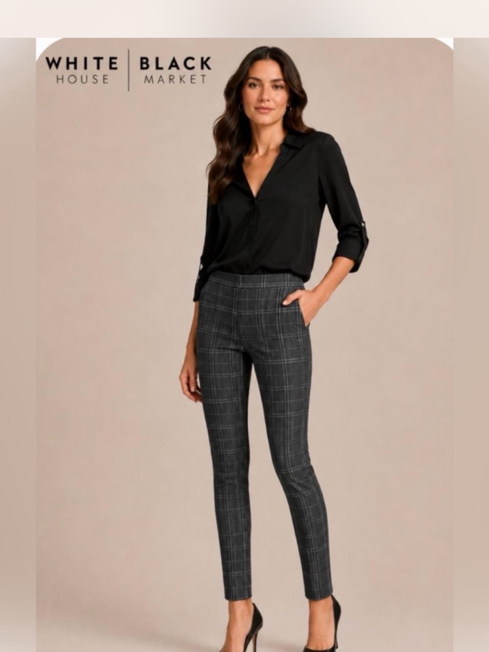 White House Black Market Black Top with Gray Plaid Skinny Pants